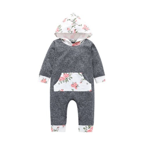 Newborn Baby Girl Floral Hooded Long Sleeve Romper