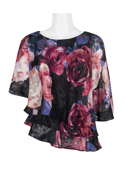 Alex Evenings Boat Neck Asymetrical Sleeve Tiered Floral Print Burnout