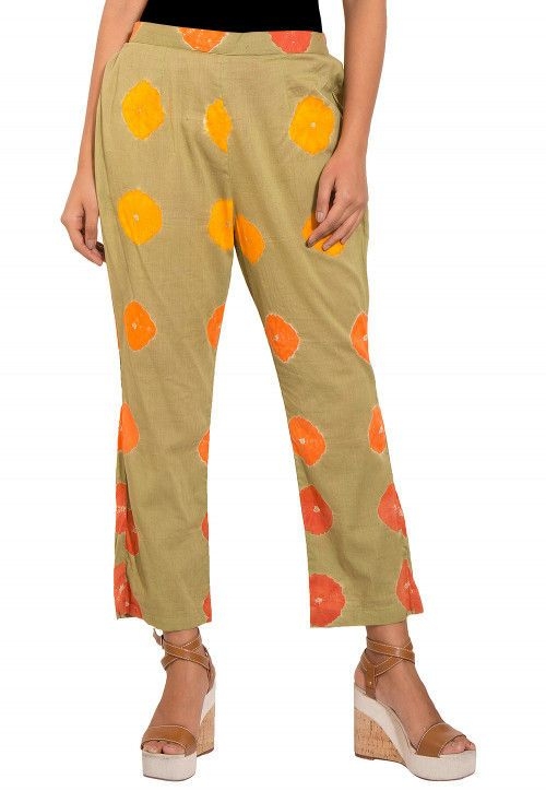 Tie N Dyed Cotton Pant in Olive Green (Size-34) (Color-OLIVE )