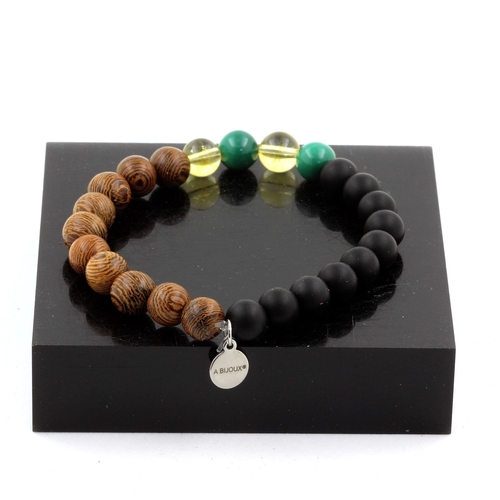 Malachite + Citrine + Matte Black Onyx + Wood Bracelet 8 mm Beads.