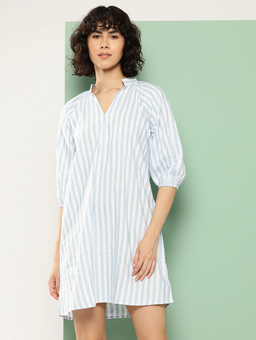 Blue Striped A-Line Dress (Size-M) (Color-BLUE)
