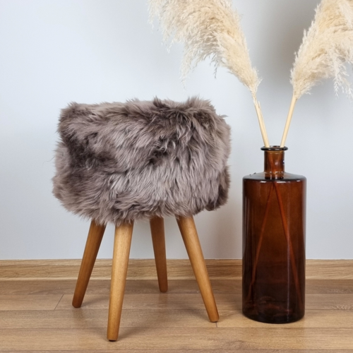 Taupe brown genuine sheepskin stool with oak legs