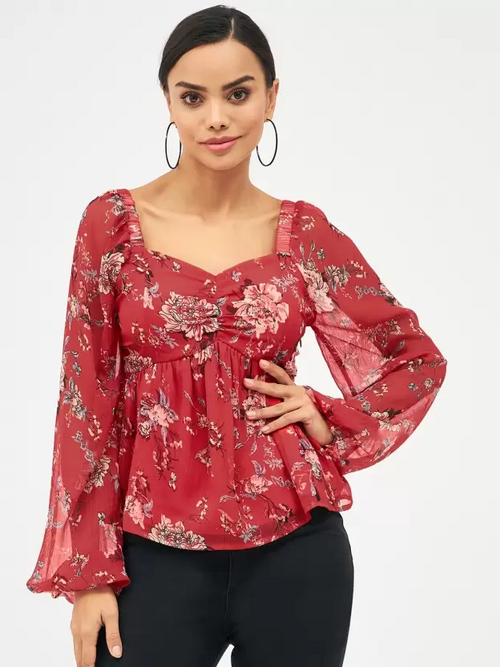 Casual Regular Sleeves Floral Print Women Red Top (Size XL)