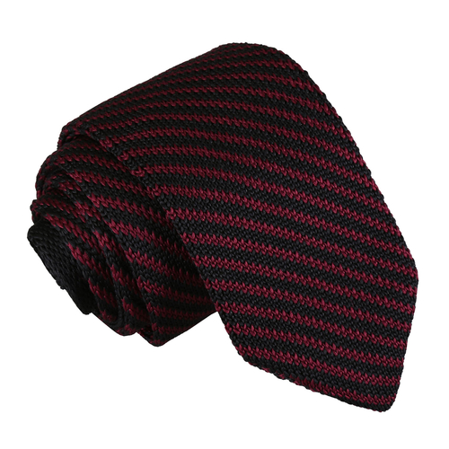 Diagonal Stripe Knitted Slim Tie - Black & Burgundy