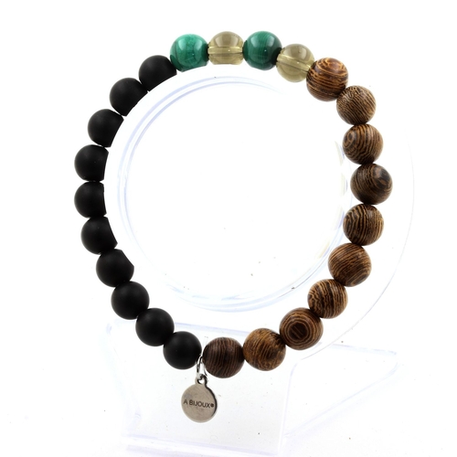 Malachite + smoky Quartz + Matte Black Onyx + Wood Bracelet 8 mm Beads