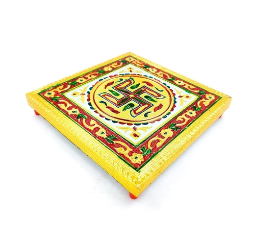 Wooden Stand Stool Chowki with Exquisite Meenakari Painting 