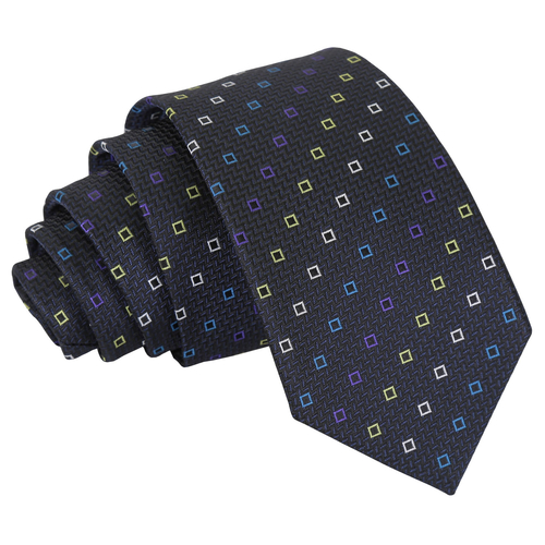 Mini Diamond Geometric Slim Tie - Black with Blue and Yellow