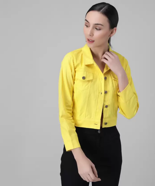 Women Solid Light Weight Casual Short Jacket (Color Lemon) (Size L)
