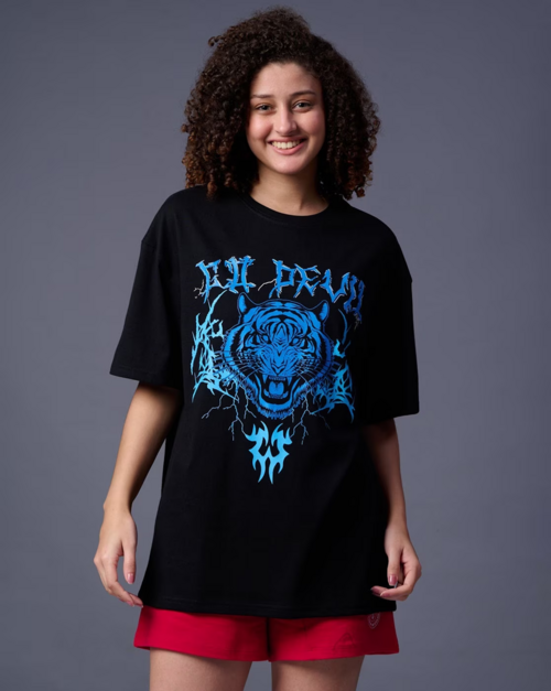 Women Tiger Print Oversized Crew-Neck T-Shirt (SIZE-S) (COLOR-BLACK)