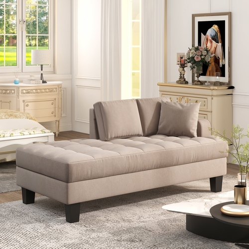64" Deep Tufted Upholstered Textured Fabric Chaise Lounge,Toss Pillow