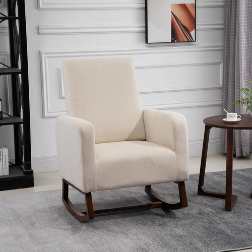 HOMCOM Linen Look Rocking Chair Solid Wood Curved Legs Padded Living