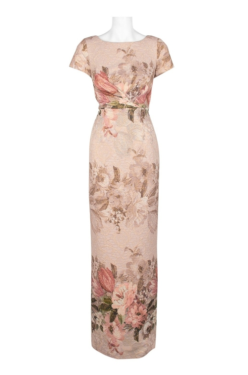 Adrianna Papell Boat Neck Short Sleeve Gathered Front Zipper Slit Back