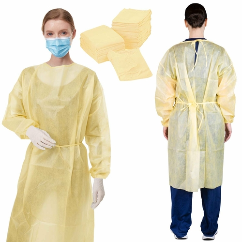 Disposable Isolation Gowns, 45" x 54". Pack of 10 Adult Yellow PPE