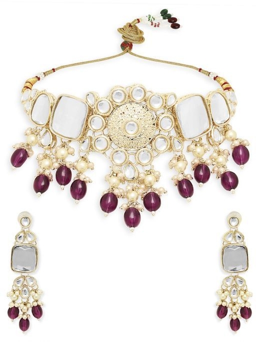 Wine Burgundy Maroon Beads & Kundan Choker Necklace Set with Drop