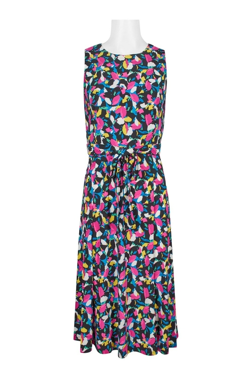 Evan Picone Crew Neck Sleeveless Tie Waist Zipper Back Multi Print