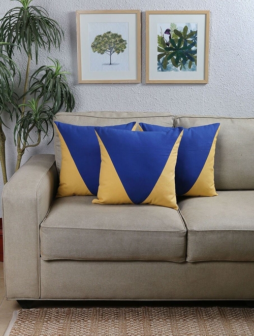 Blue & Cream Cotton Applique Cushion Cover Pack of 3 (Size 26 x 16