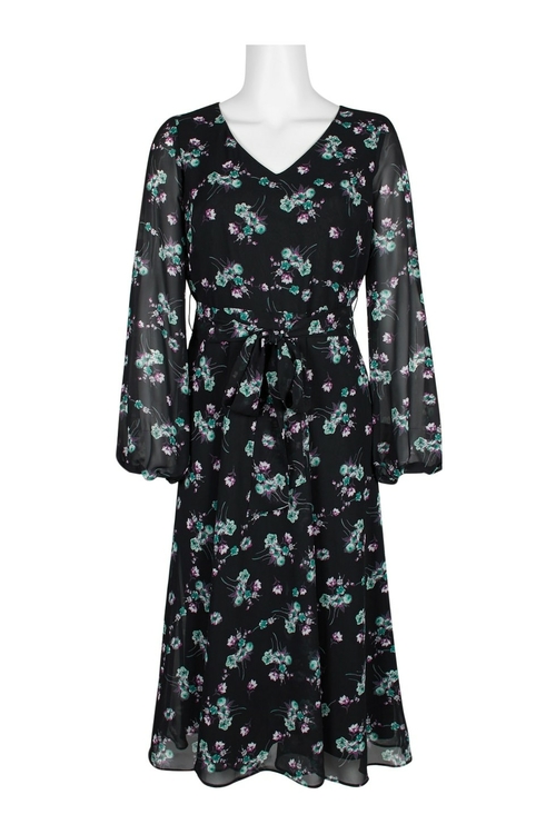 Evan Picone V-Neck Long Sleeve Tie Front Zipper Back Floral Print