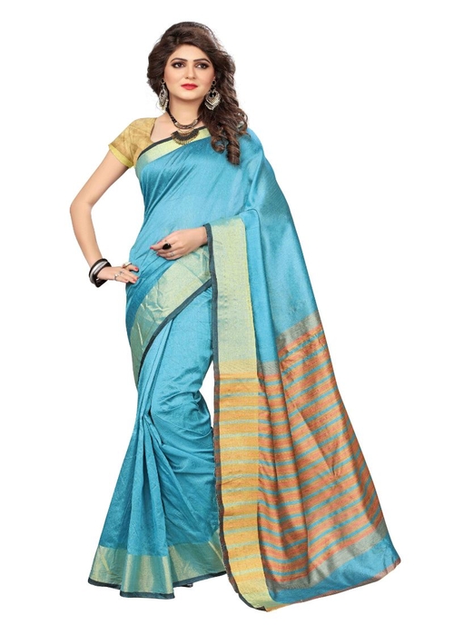 Generic Women's Cotton Silk Saree (Sky Blue, 5-6