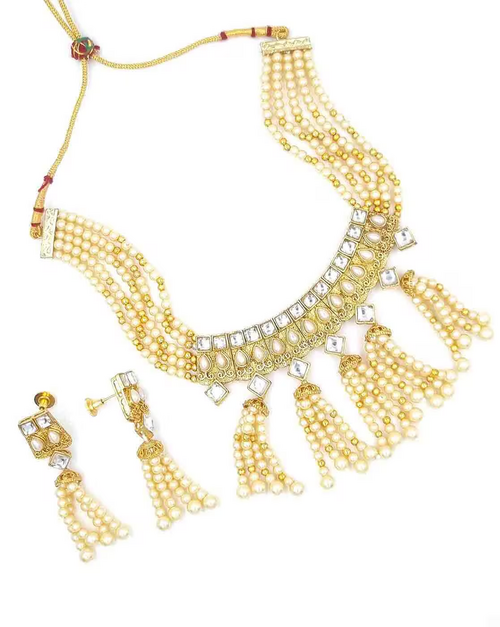 Gold-Plated Stone-Studded Necklace & Earrings Set Alloy Design