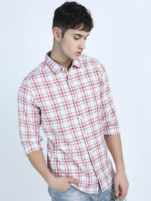 Men Collared Checks Casual Shirt (Size-S) (Color-White)