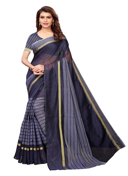 Generic Women's Cotton Saree (Navy, 5-6 Mtrs)