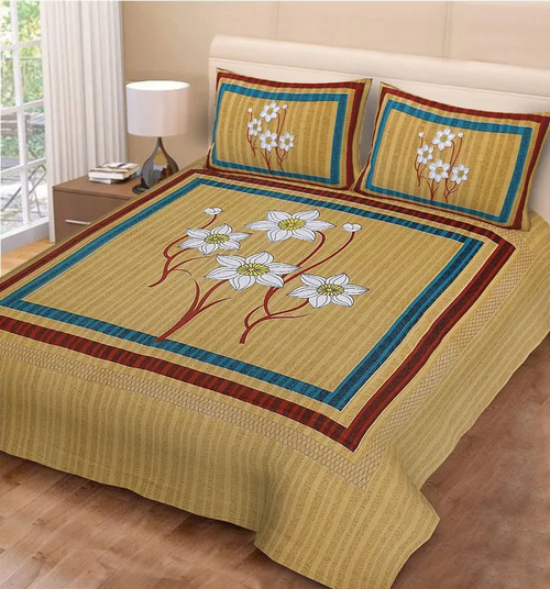Yellow Jaipuri Cotton Double Badsheet with Two Pillow Cover (Size