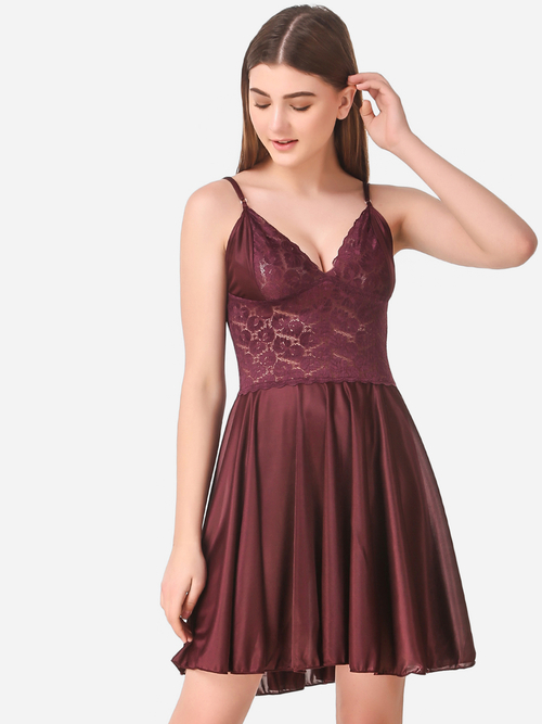 Romaisa Women's Satin Solid Brown Above Knee Length Babydoll