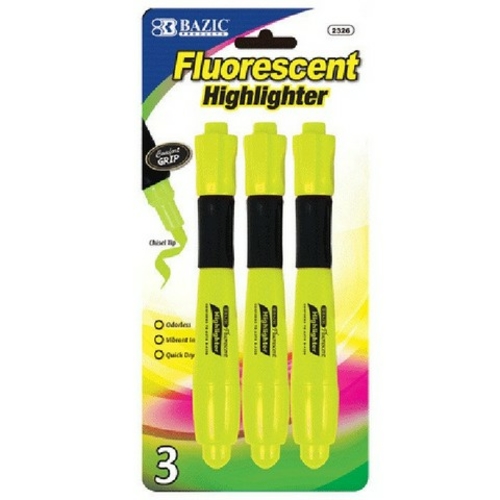 Bazic 2326 Yellow Desk Style Fluorescent Highlighters w/ Cushion Grip