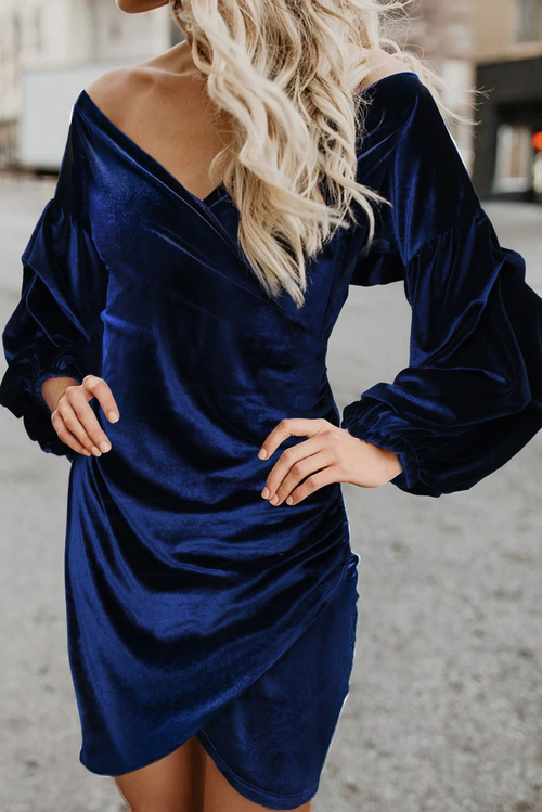 Blue Puff Sleeve Off Shoulder Wrap Bodycon Velvet Dress