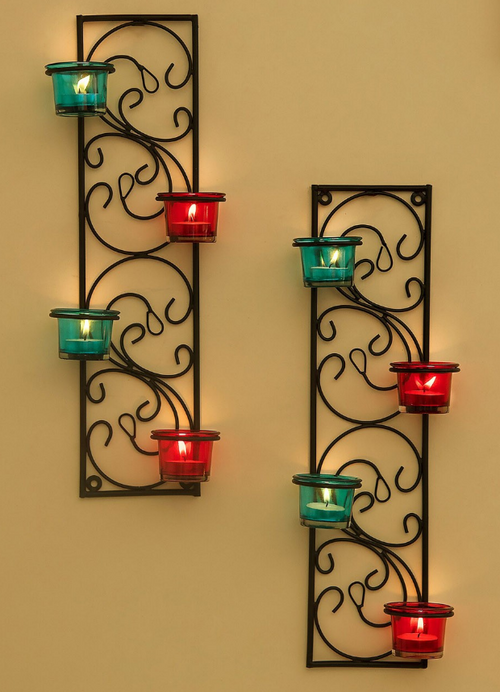 Set Of 2 Black & Blue Twisted Petals Wall Hanging Candle Holders size