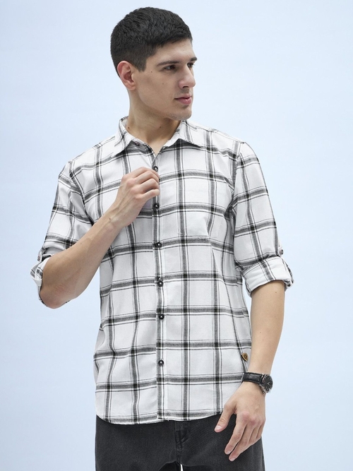 Men's Cotton Checkered Casual Shirt (Color White & Black) (Size M)