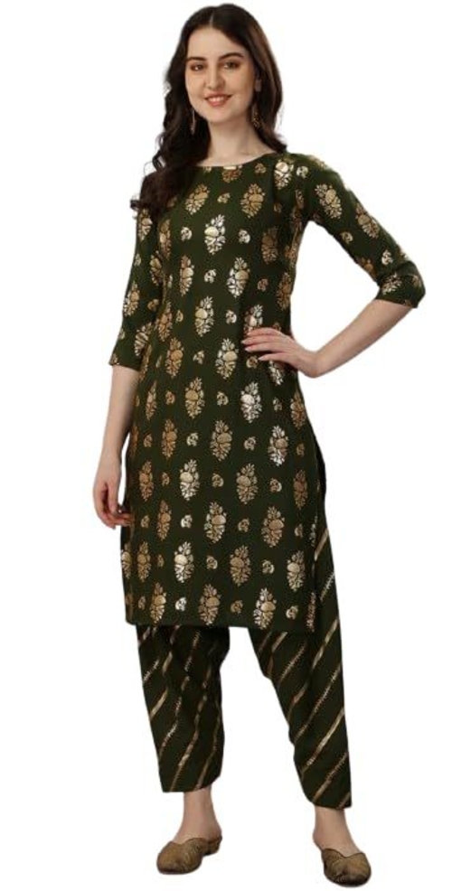 Women Anarkali Gold Printed Gown (Green)