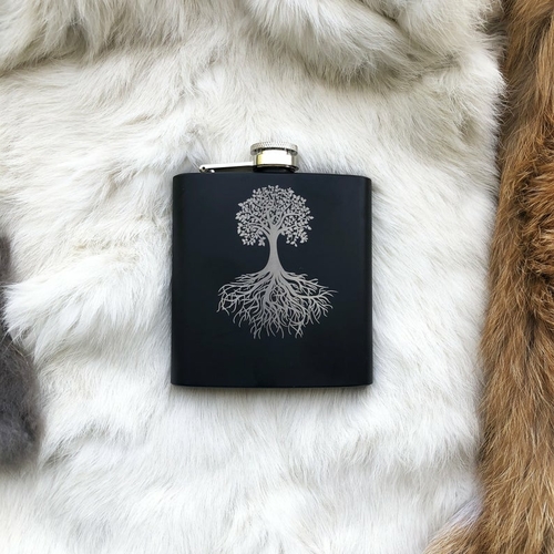 Main Yggdrasil World Tree Mat Black Flask Norse Nordic Flask Laser Engraved image