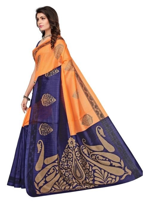 Blue and orange Color Printed Bhagalpuri Silk