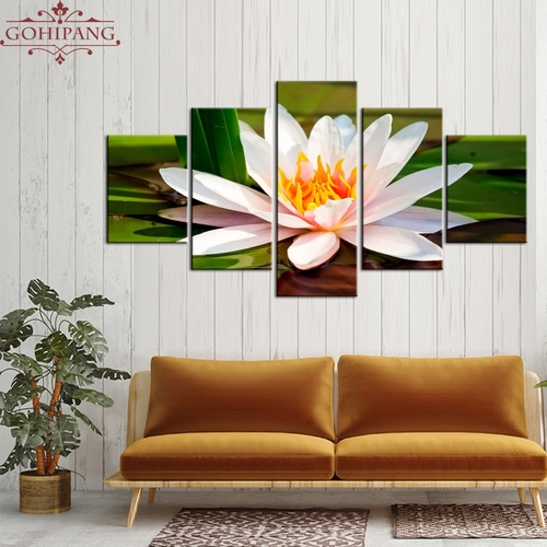 5 Panels White Lotus Flowers Canvas