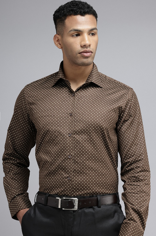 Men Pure Cotton Slim Fit Floral Printed Formal Shirt (Color Brown)