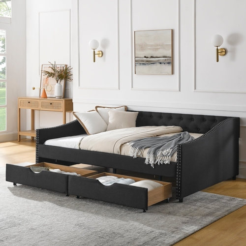 Full Size Daybed with Drawers Upholstered Tufted Sofa Bed, with Button