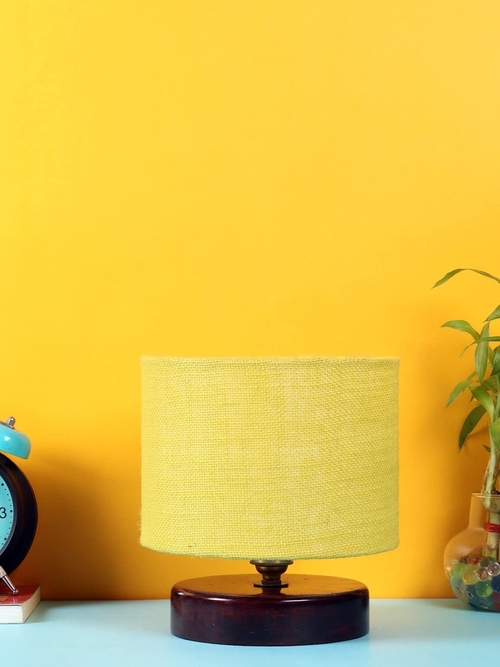 Yellow Jute Table lamp with Wood Brown Base