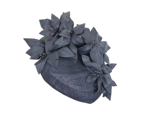 Navy pillbox with leather flowers 