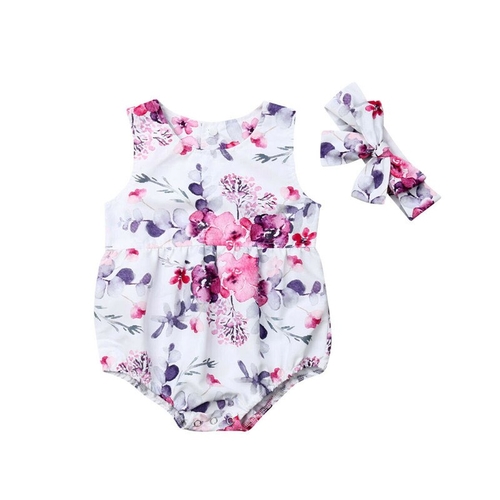 2019 Summer Cute Baby Girls Romper Headband Floral