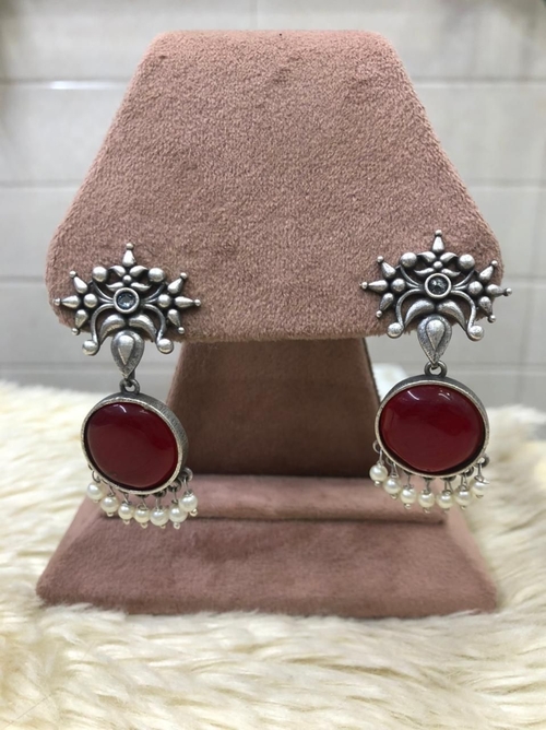 Maroon Beautiful Unique Design Oxidise Silver Oversized Stud Earring