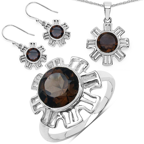 9.45 Carat Genuine Smoky Quartz .925 Sterling Silver Ring, Pendant and