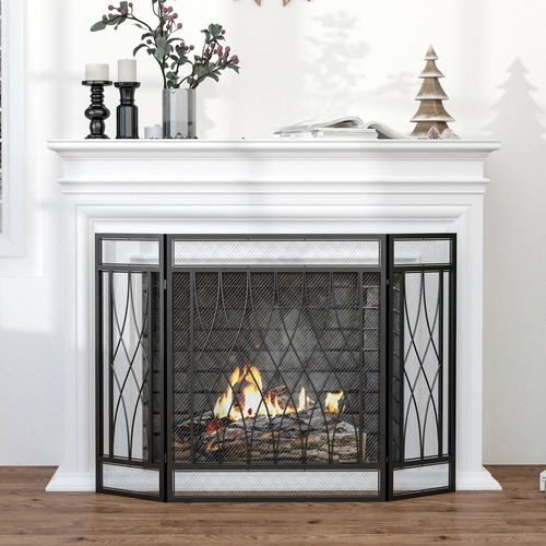 HOMCOM 3-Panel Folding Fireplace Screen, Metal Mesh Fire Spark Guard,