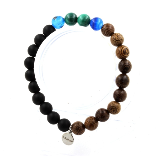 Malachite + Blue banded Agate + Matte Black Onyx + Wood Bracelet 