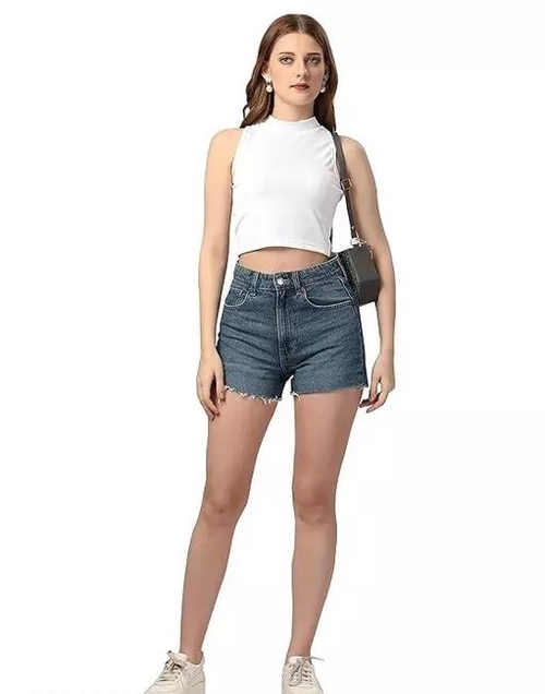 Women's & Girls' Solid Ribbed Slim Fit Crop Tank Top  White