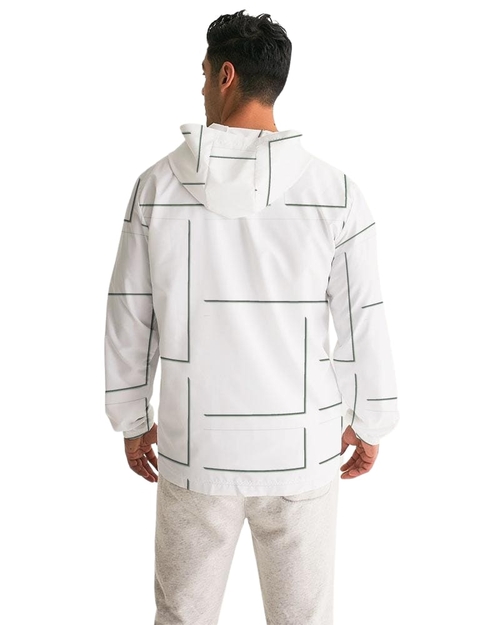 Mens Hooded Windbreaker - White Grid Pattern Water Resistant Jacket