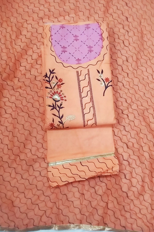 Unstitched Cotton Salwar Suit Material Embroidered Color Peach