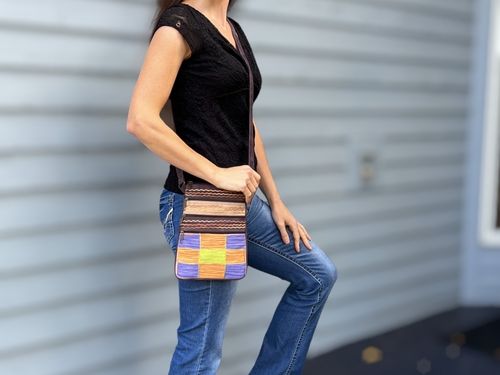 Purple, Green and Peach Suede Cross Body Bag