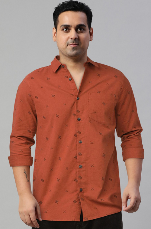 Men Slim Fit Printed Casual Shirt (Color Rust) (Size L)