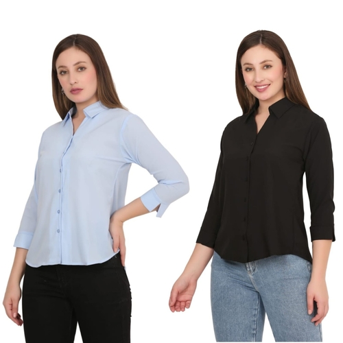 Womens Solid Formal Shirt PACK OF 2 LIGHT BLUE AND BLACK  M
